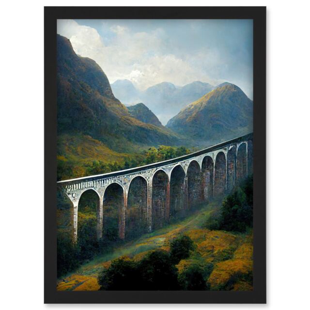 Artery8 Glenfinnan Viaduct Scotland Train Journey Artwork Framed Wall Art Print A4 in Black - image 1