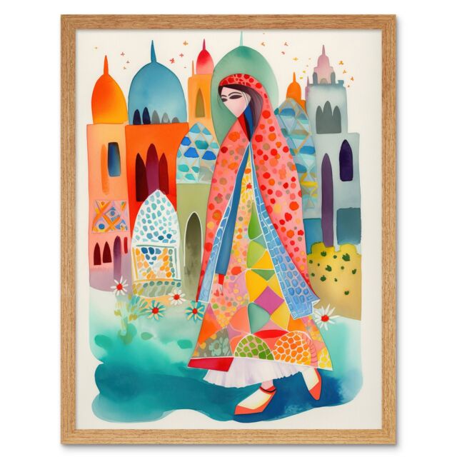 "Artery8 Wall Art Print Hijab Muslim Woman with Buildings Folk Art Framed in Light Oak - Size: W12"" x H16""" - image 1