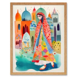 "Artery8 Wall Art Print Hijab Muslim Woman with Buildings Folk Art Framed in Light Oak - Size: W12"" x H16""" - thumbnail 1