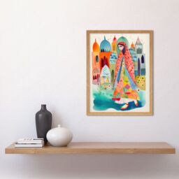 "Artery8 Wall Art Print Hijab Muslim Woman with Buildings Folk Art Framed in Light Oak - Size: W12"" x H16""" - thumbnail 2