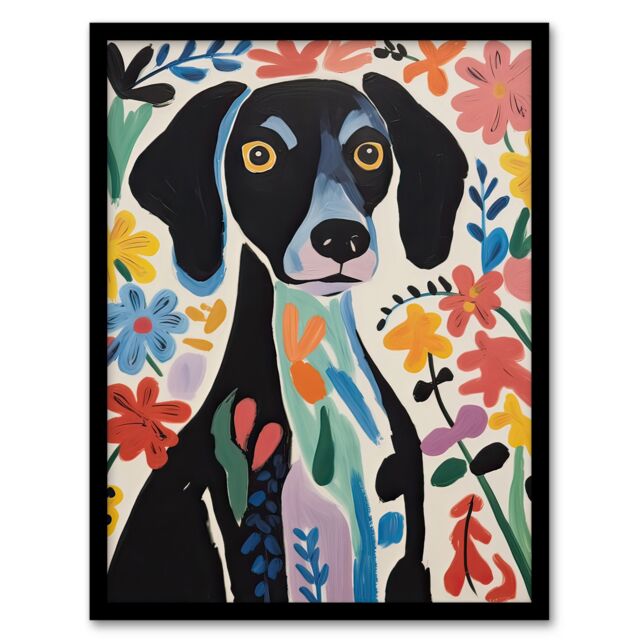 Artery8 Wall Art Print Springtime Sensory Overload Bright Dog Oil Painting Henri Matisse Style Floral Pet Portrait Artwork Framed - Size: A4 - image 1