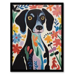 Artery8 Wall Art Print Springtime Sensory Overload Bright Dog Oil Painting Henri Matisse Style Floral Pet Portrait Artwork Framed - Size: A4 - thumbnail 1