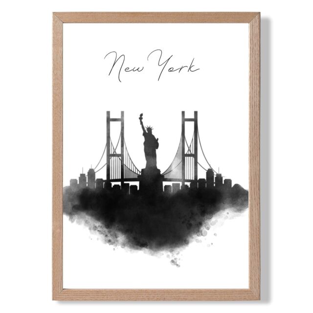 ARTZE New York Watercolour Skyline City Framed Print SIZE: A3 with Oak Frame in Black - Size: A4 - image 1