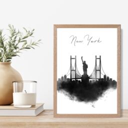 ARTZE New York Watercolour Skyline City Framed Print SIZE: A3 with Oak Frame in Black - Size: A4 - thumbnail 2