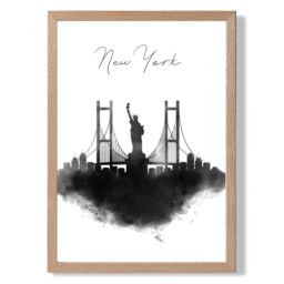 ARTZE New York Watercolour Skyline City Framed Print SIZE: A3 with Oak Frame in Black - Size: A4 - thumbnail 1