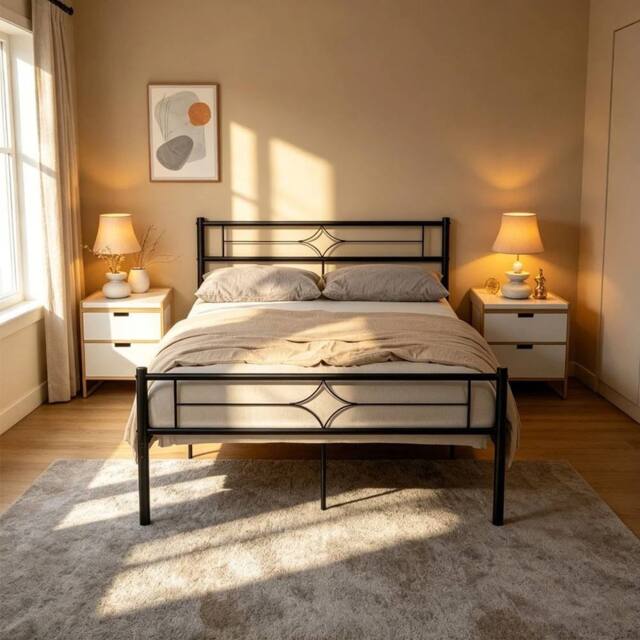 VOGREX 4ft Small Double Bed Frame with Headboard, Metal Platform with High in Black - image 1