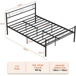 VOGREX 4ft Small Double Bed Frame with Headboard, Metal Platform with High in Black - thumbnail 2