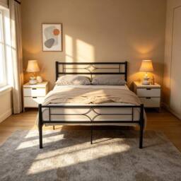 VOGREX 4ft Small Double Bed Frame with Headboard, Metal Platform with High in Black