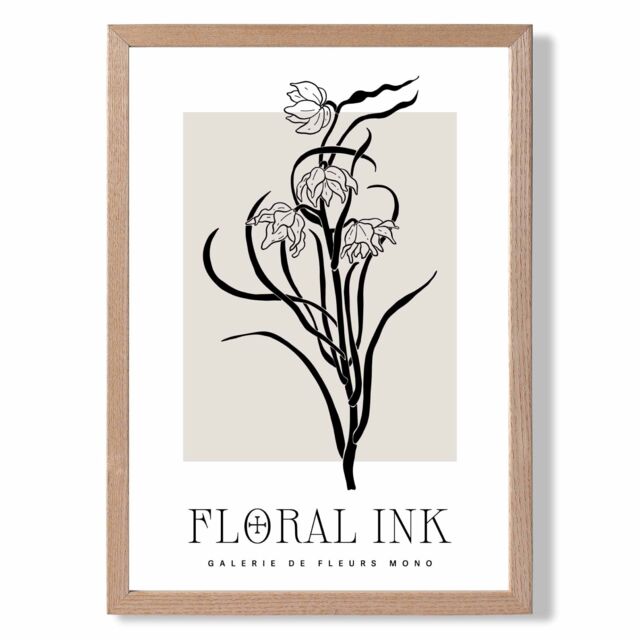 ARTZE Black & Beige Daffodils Floral Ink Sketch Framed Print SIZE: A4 with Oak Frame - image 1