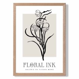 ARTZE Black & Beige Daffodils Floral Ink Sketch Framed Print SIZE: A4 with Oak Frame