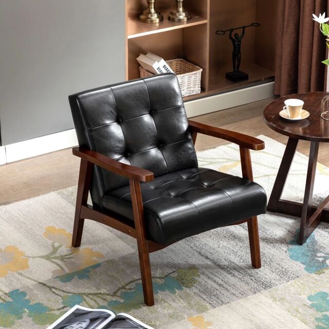 HomeMiYN Faux Leather Armchair, Vintage-Style Chair with Solid Wood Legs, Modern Faux Leather Chair for Living Room Bedroom in Black - image 1