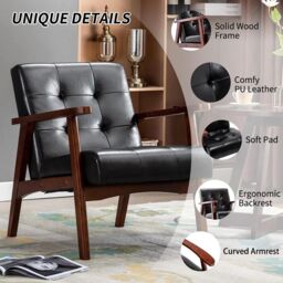 HomeMiYN Faux Leather Armchair, Vintage-Style Chair with Solid Wood Legs, Modern Faux Leather Chair for Living Room Bedroom in Black - thumbnail 4