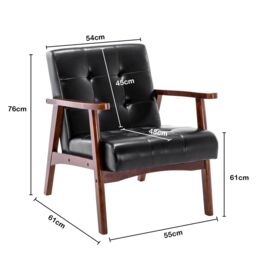 HomeMiYN Faux Leather Armchair, Vintage-Style Chair with Solid Wood Legs, Modern Faux Leather Chair for Living Room Bedroom in Black - thumbnail 2