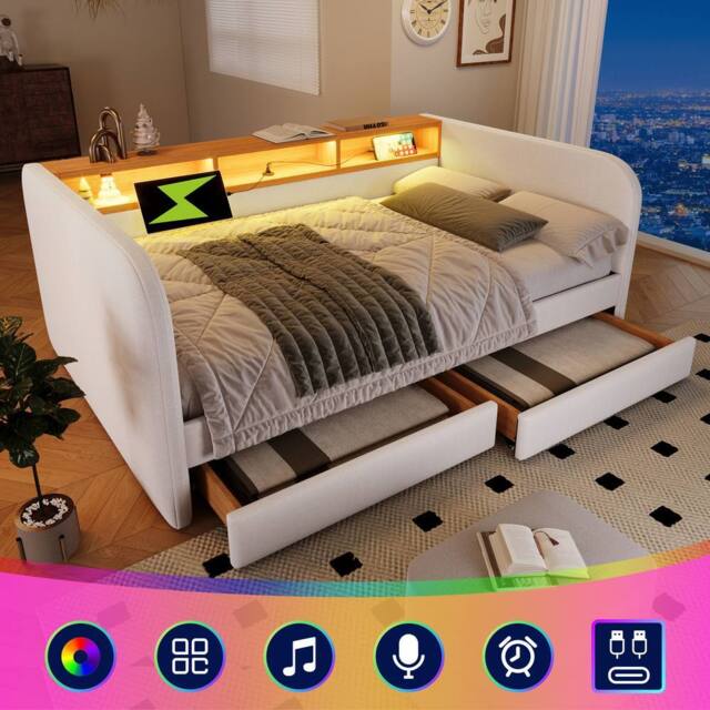 BTM Daybed Storage Headboard LED USB Bed 3FT Linen Sofa Bed Beige - Size: Single - image 1