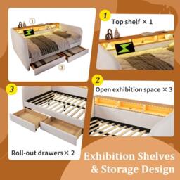 BTM Daybed Storage Headboard LED USB Bed 3FT Linen Sofa Bed Beige - Size: Single - thumbnail 4