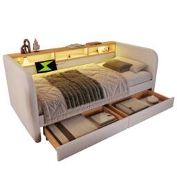 BTM Daybed Storage Headboard LED USB Bed 3FT Linen Sofa Bed Beige - Size: Single - thumbnail 6