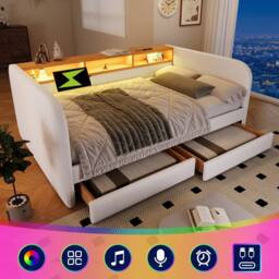 BTM Daybed Storage Headboard LED USB Bed 3FT Linen Sofa Bed Beige - Size: Single