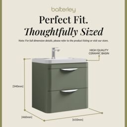 Balterley Contemporary Wall Hung 2 Drawer Bathroom Vanity Unit, Green, 610mm in Green - thumbnail 5