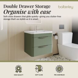 Balterley Contemporary Wall Hung 2 Drawer Bathroom Vanity Unit, Green, 610mm in Green - thumbnail 2