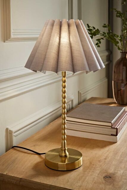 ValueLights Maeve Scallop Pleated Tapered Shade Brushed Gold Bobbin Bobble Table Lamp in Grey - image 1