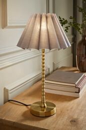 ValueLights Maeve Scallop Pleated Tapered Shade Brushed Gold Bobbin Bobble Table Lamp in Grey - thumbnail 1
