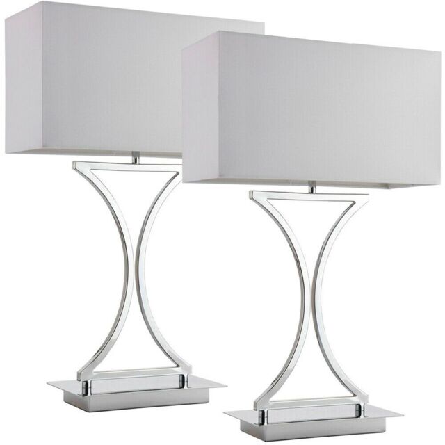 Loops 2 PACK Modern Table Lamp Light Chrome Metal & White Shade Square Desk Sideboard - image 1