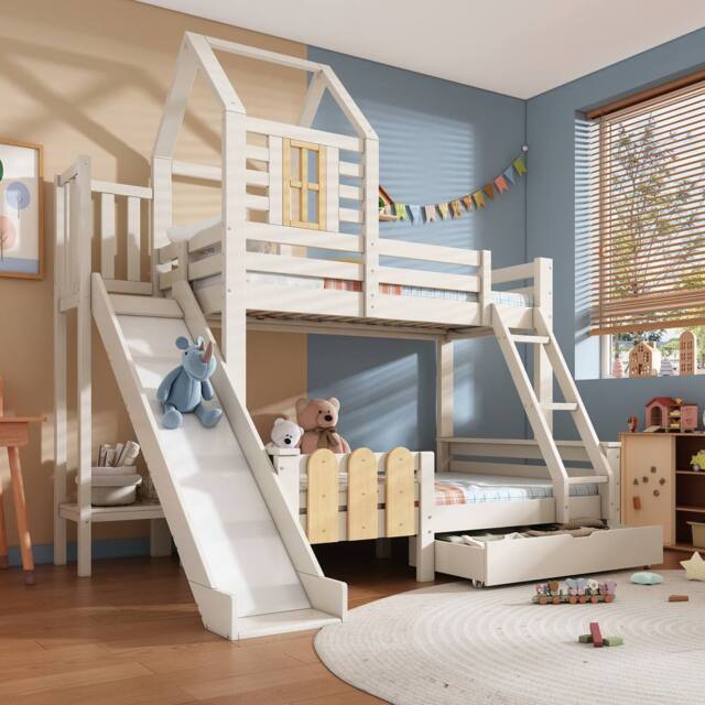 Merax Treehouse Bunk Bed With Slide & Storage Drawer, Children's House Bed in White - Size: Double - image 1