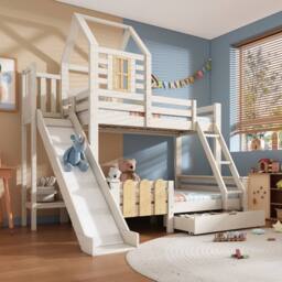 Merax Treehouse Bunk Bed With Slide & Storage Drawer, Children's House Bed in White - Size: Double - thumbnail 1