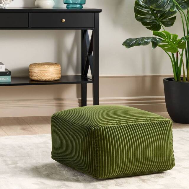 Wyld and Coco Dark Green Corduroy Pouffe with EPS Beads - image 1