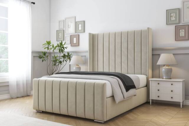 "Comfort Beds Serena Plush Bed Frame - 50"" Upholstered Wingback Headboard in Cream - Size: Single" - image 1