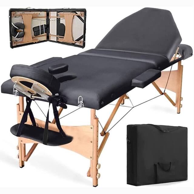 Dprodo Portable Massage Bed, Wooden 60 cm Width 3 Section in Black - image 1