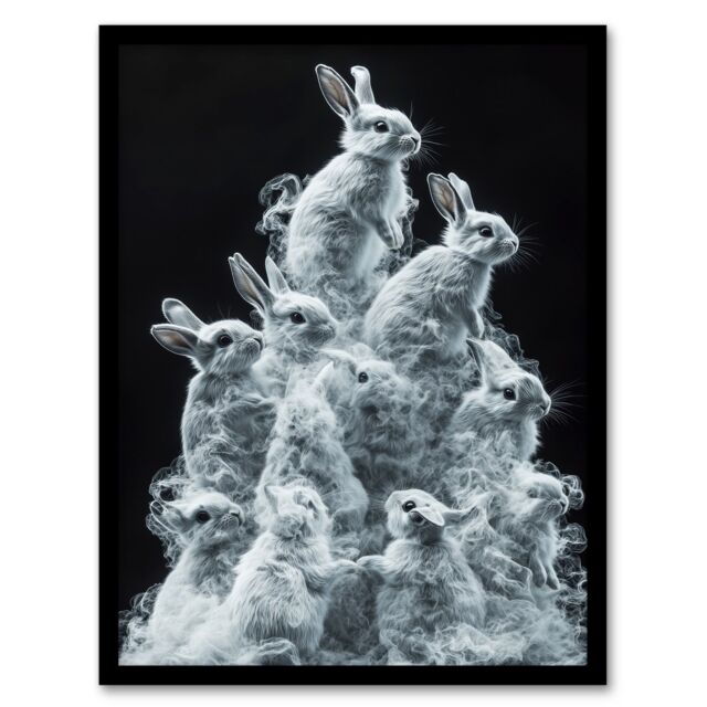 "Artery8 Pile Bundle of Cute Bunnies Smoke Effect Framed Art Print in White - Size: W12"" x H16""" - image 1