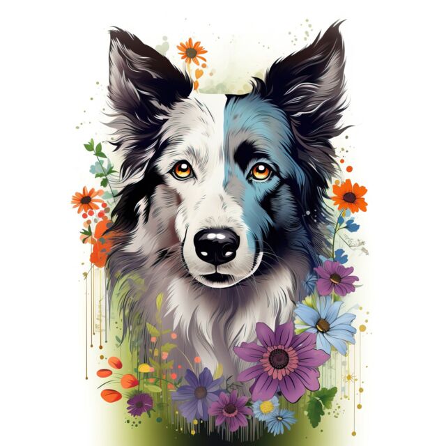 "Artery8 Wall Art Print Border Collie Dog Pict Scotland Blue Basant Face Bright Artwork Portrait with Wildflowers Poster in White - Size: W12"" x H16""" - image 1