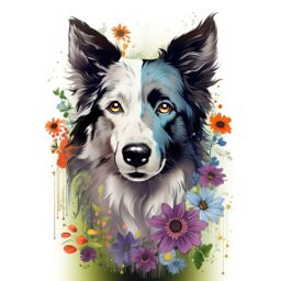 "Artery8 Wall Art Print Border Collie Dog Pict Scotland Blue Basant Face Bright Artwork Portrait with Wildflowers Poster in White - Size: W12"" x H16""" - thumbnail 1