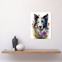 "Artery8 Wall Art Print Border Collie Dog Pict Scotland Blue Basant Face Bright Artwork Portrait with Wildflowers Poster in White - Size: W12"" x H16""" - thumbnail 2