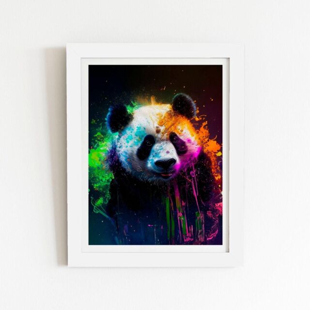"Warren Reed - Designer Panda Face Splashart Colourful Framed Art Print in White - Size: W24"" x H36""" - image 1