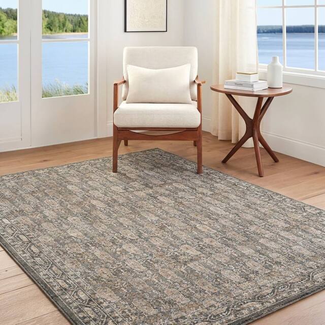 Livabliss Arda Vintage Green Grey Brown Taupe Traditional Boho Fringe Living Rug - Size: 153 cm x 220 cm - image 1