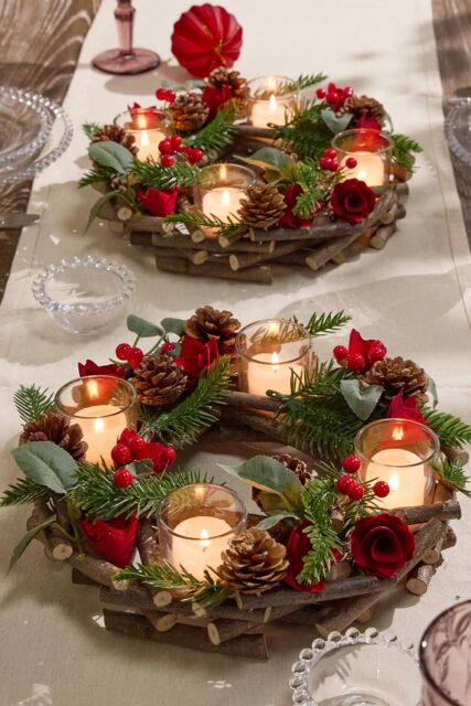 Dibor Set of 2 Christmas Roses 4 Table Centrepiece Christmas Decoration Candle Holders Tealight Holder 30cm in Red - Size: 2 Pack - image 1