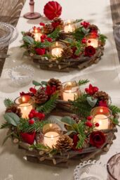 Dibor Set of 2 Christmas Roses 4 Table Centrepiece Christmas Decoration Candle Holders Tealight Holder 30cm in Red - Size: 2 Pack - thumbnail 1