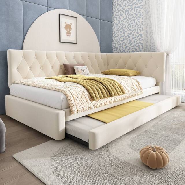 Rolipo Beige Velvet 3FT Single Daybed with Trundle Pull Out Sofa Bed - image 1