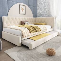 Rolipo Beige Velvet 3FT Single Daybed with Trundle Pull Out Sofa Bed - thumbnail 1