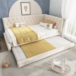Rolipo Beige Velvet 3FT Single Daybed with Trundle Pull Out Sofa Bed - thumbnail 9