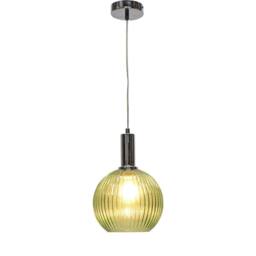First Choice Lighting Betchley - Green Ribbed Glass Globe Chrome Deco Pendant Fitting - thumbnail 2