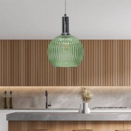 First Choice Lighting Betchley - Green Ribbed Glass Globe Chrome Deco Pendant Fitting - thumbnail 3