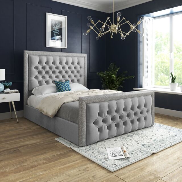 DS Living Cheltenham Glitter & Grey Velvet Upholstered Bed Frame - Size: Super King - image 1