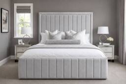 Stratus Interiors Nina Tall Panel Headboard Bed Frame with Metal Gas Lift Storage in Silver - Size: Super King