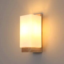 Pheashine Wood Wall Sconce, E27 Modern Wall Light Glass Shade, Bulb included in Light Brown - thumbnail 1