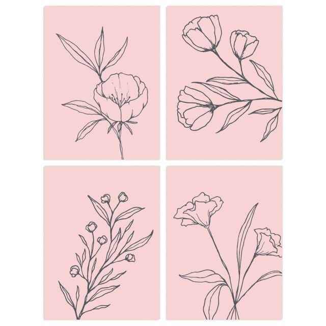 Wee Blue Coo Pack of 4 Minimalist Wildflower Outline Black on Pastel Pink Simple Floral Unframed Wall Art Living Room Prints Set in Light Pink - image 1
