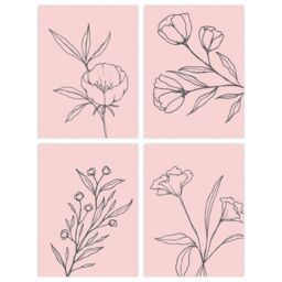Wee Blue Coo Pack of 4 Minimalist Wildflower Outline Black on Pastel Pink Simple Floral Unframed Wall Art Living Room Prints Set in Light Pink - thumbnail 1
