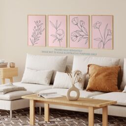 Wee Blue Coo Pack of 4 Minimalist Wildflower Outline Black on Pastel Pink Simple Floral Unframed Wall Art Living Room Prints Set in Light Pink - thumbnail 3